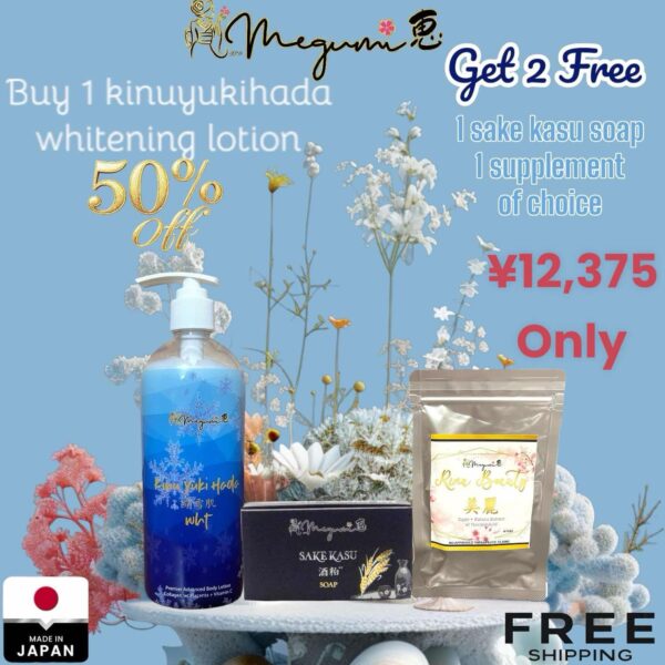 1 Kinu Yuki Hada Lotion/1 Sake Kasu Soap/1 Rina Beauty Half-Pack